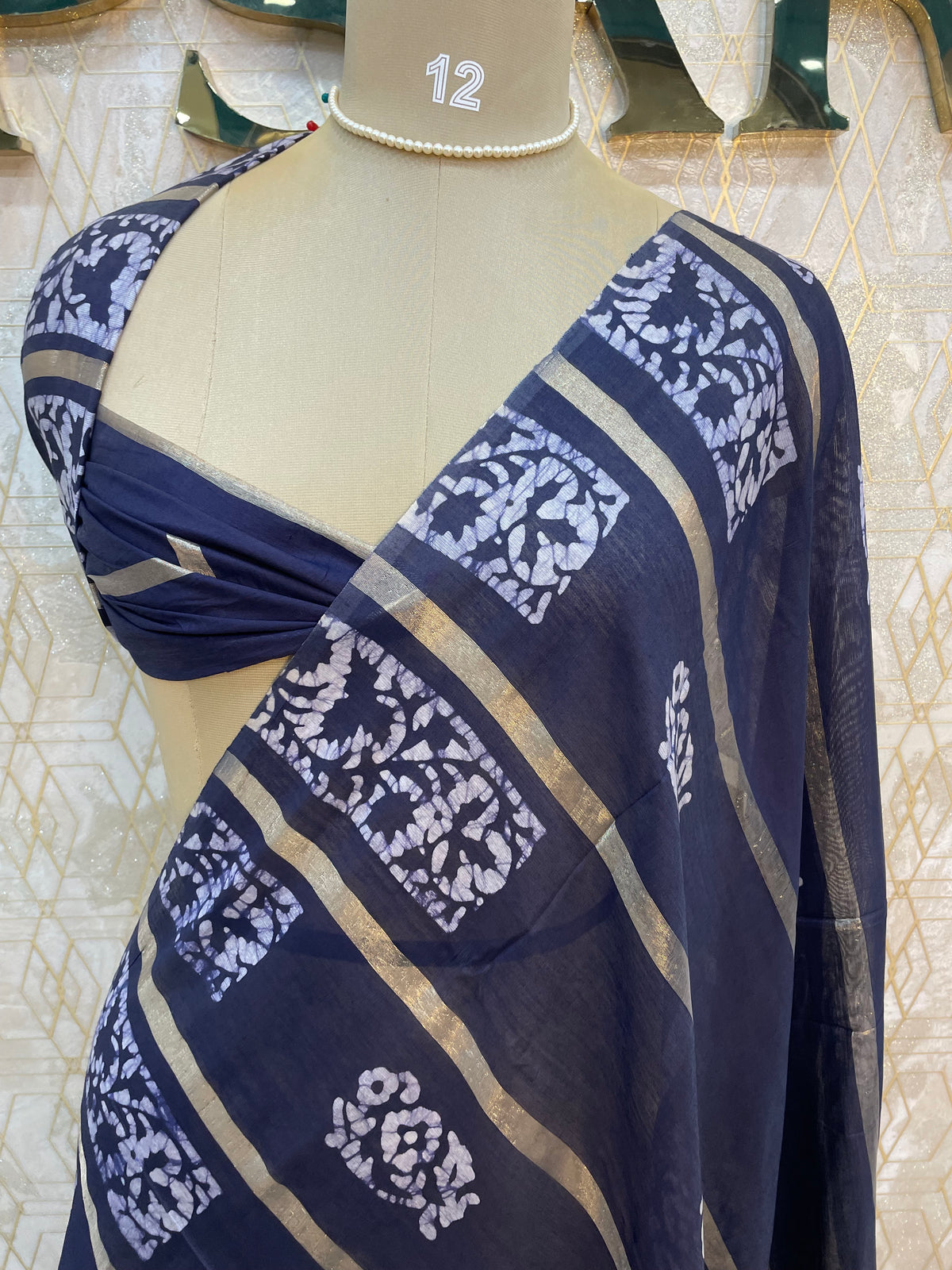 Navy Blue Assam Silk Batik Print Saree 23
