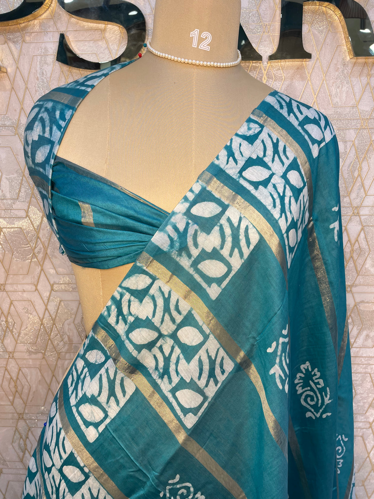 Teal Blue Assam Silk Batik Print Saree 23