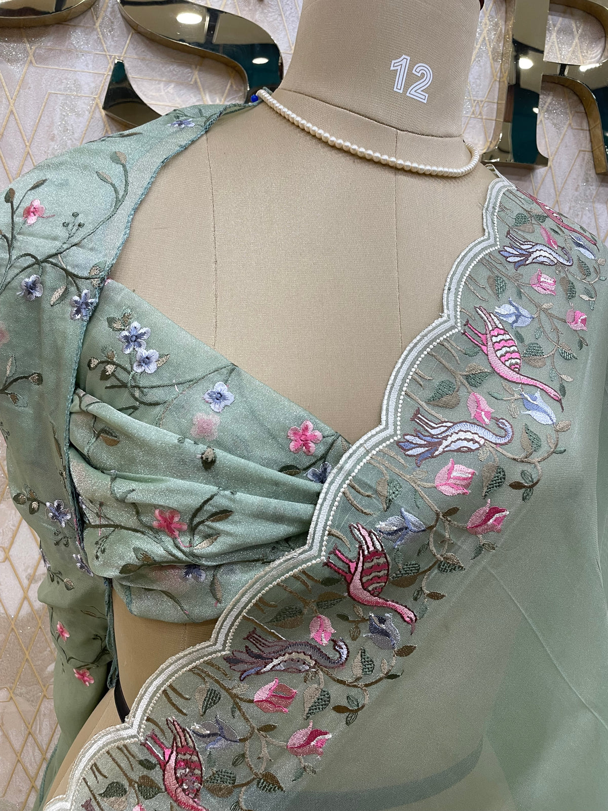 Pista Green Tissue Embroidery Work Saree 17