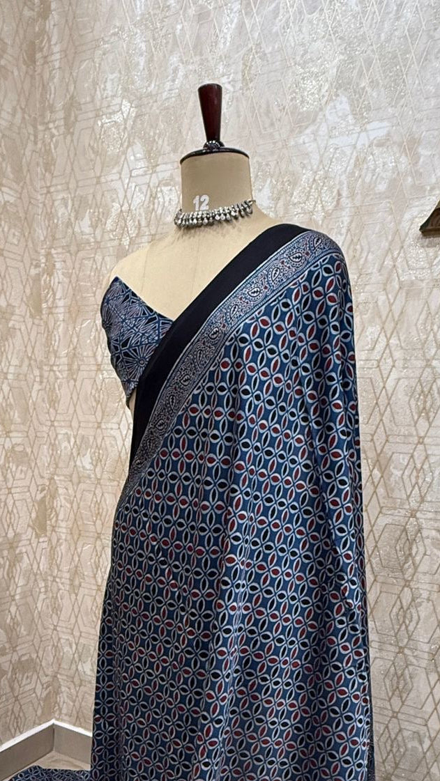Blue n Black Pure Modal Silk Ajrak Print Saree 05