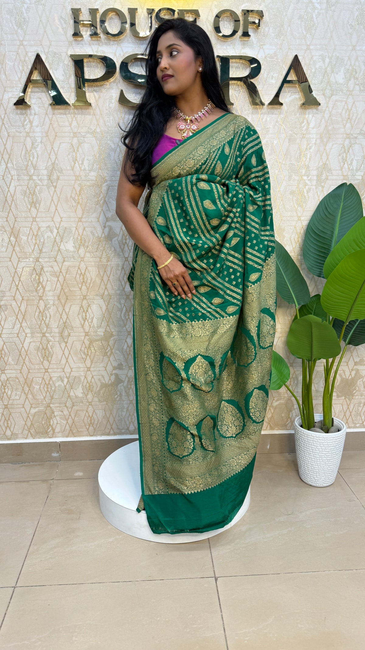 Green Pure Banarasi Crepe Self Saree 03