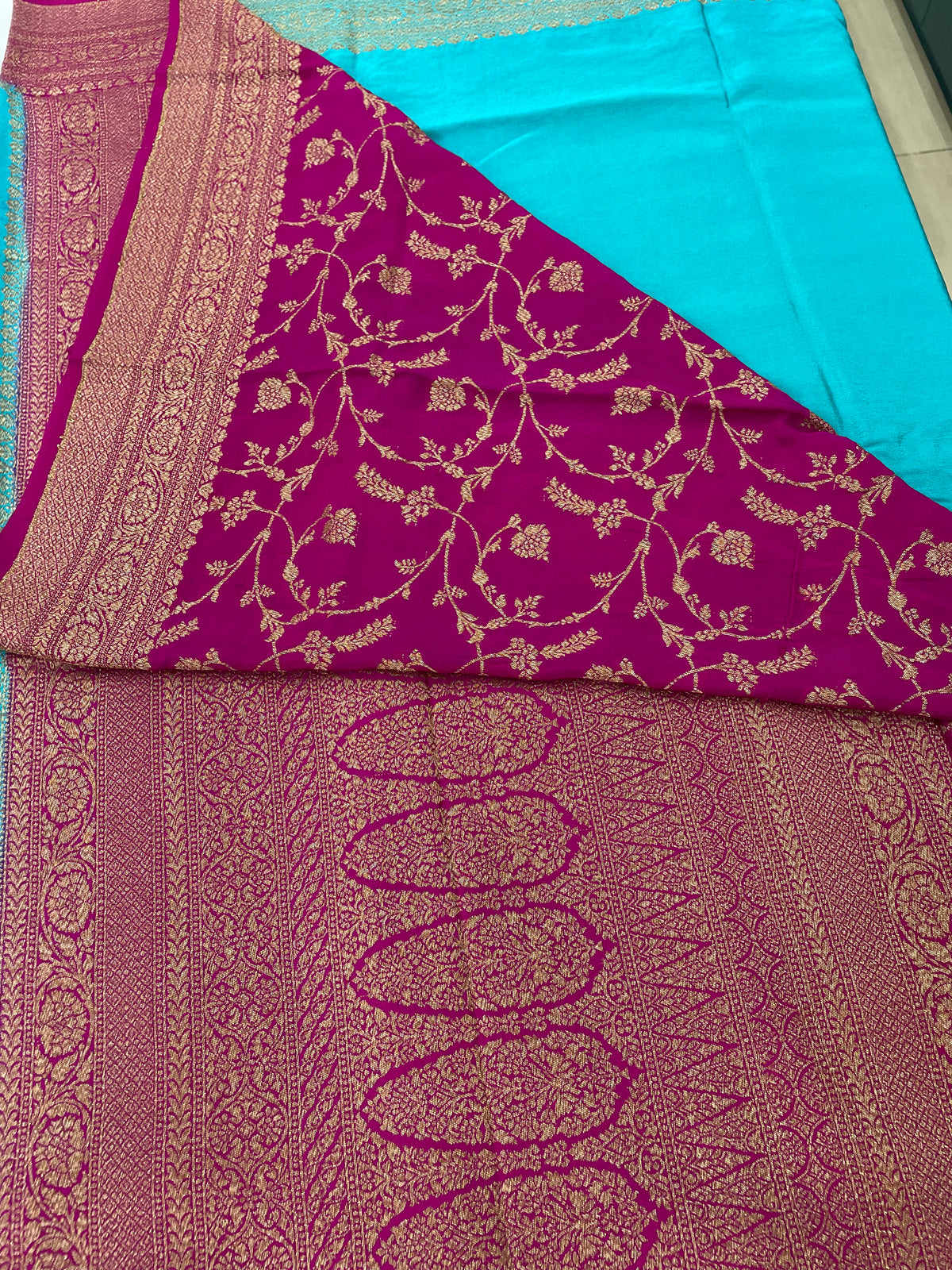 Blue n Pink Pure Banarasi Crepe Saree 03