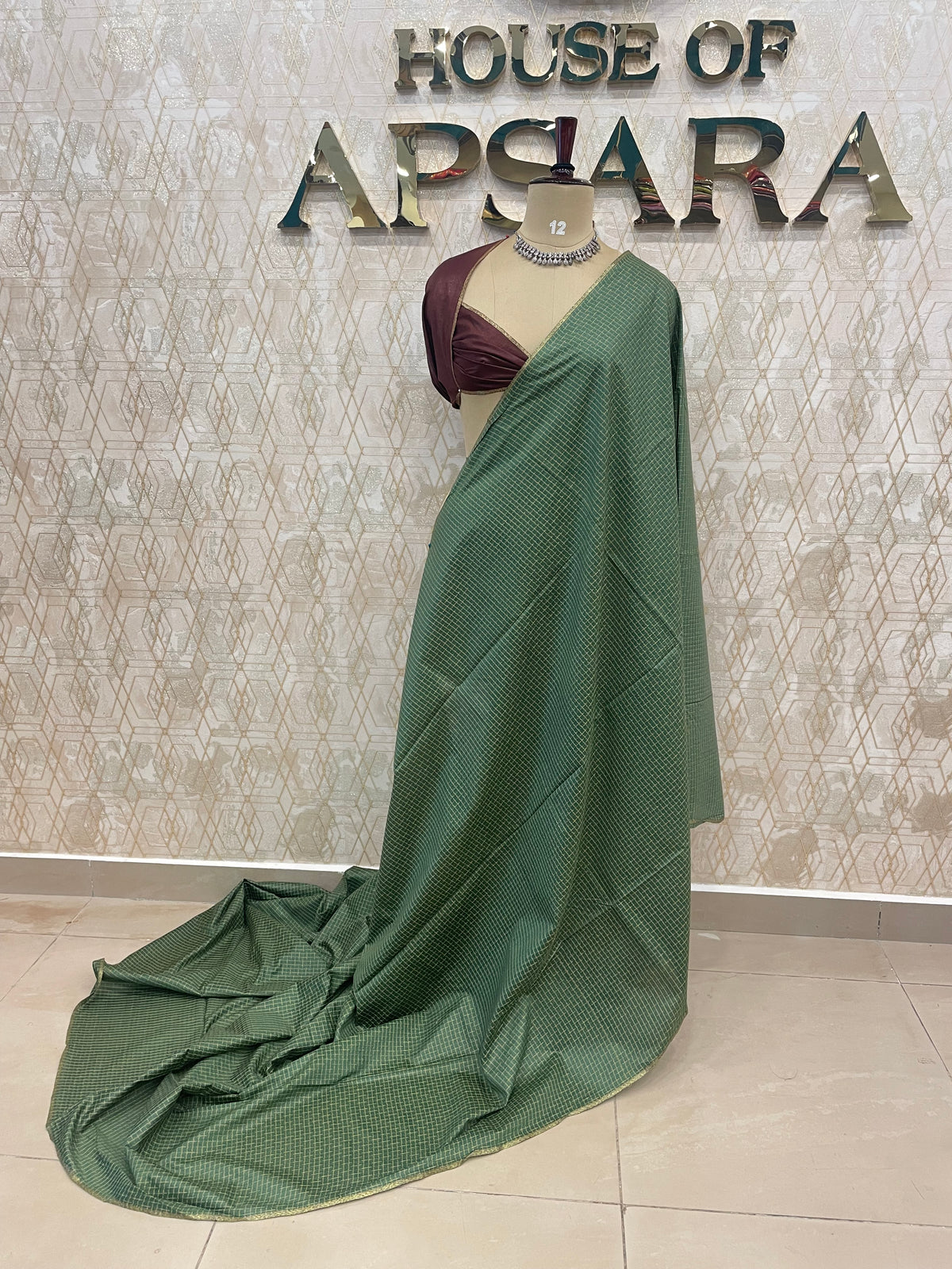 Green n Maroon Checks Cotton Silk Saree 13