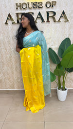 Blue n Yellow Jute Linen Saree
