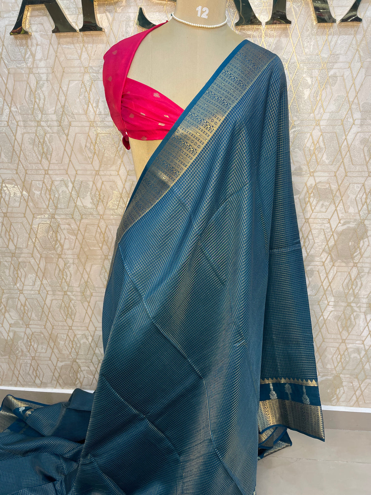 Peacock Blue Checks Crepe Silk Saree 74