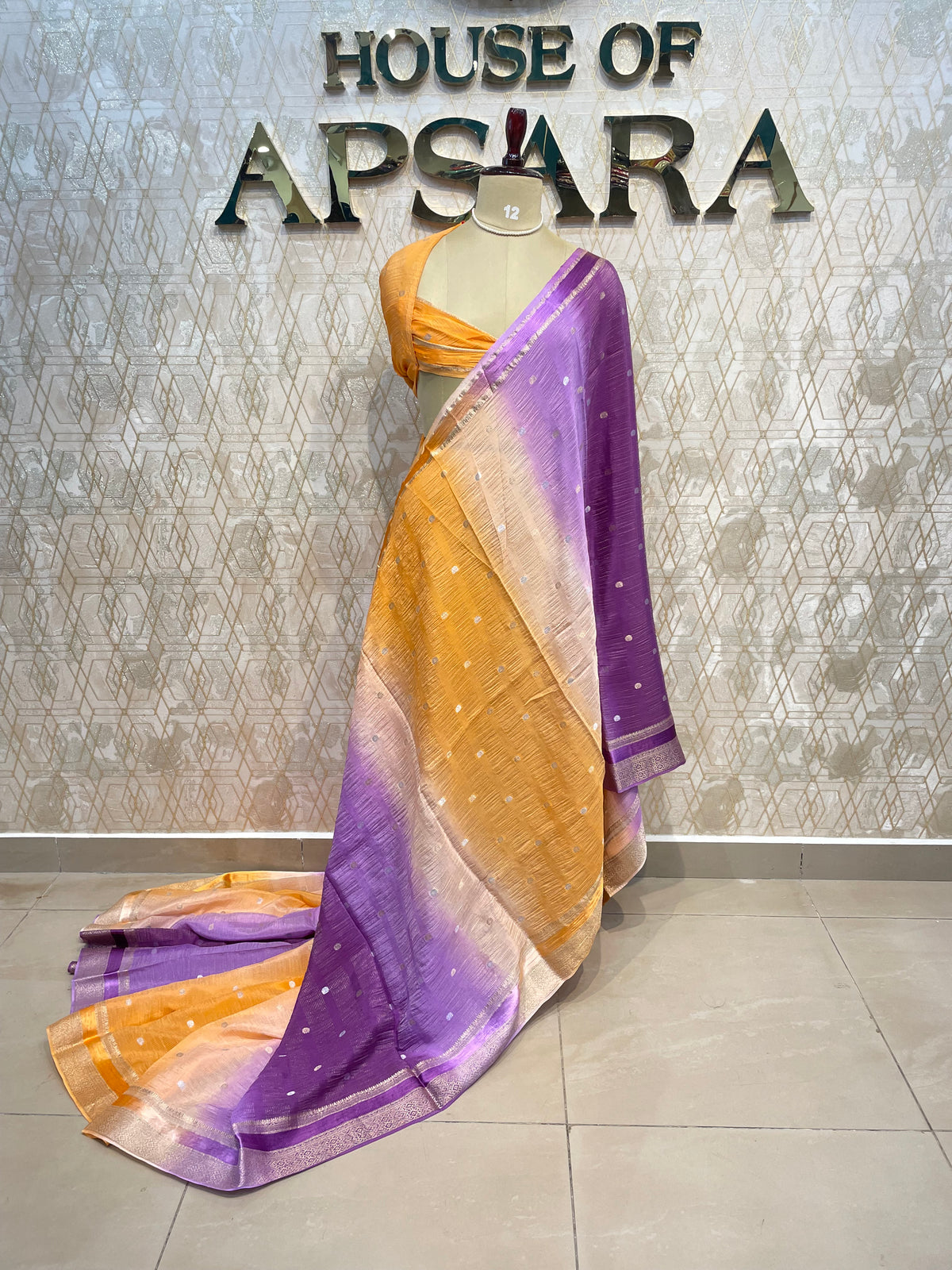 Yellow n Purple Wrinkle Chiffon Dual Shade Saree 65