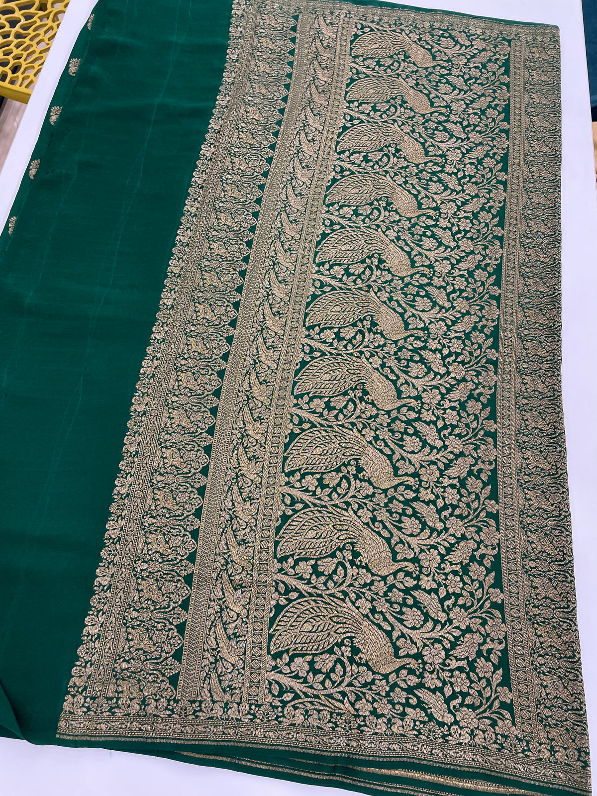 Bottle Green Pure Banarasi Crepe Self Saree 03