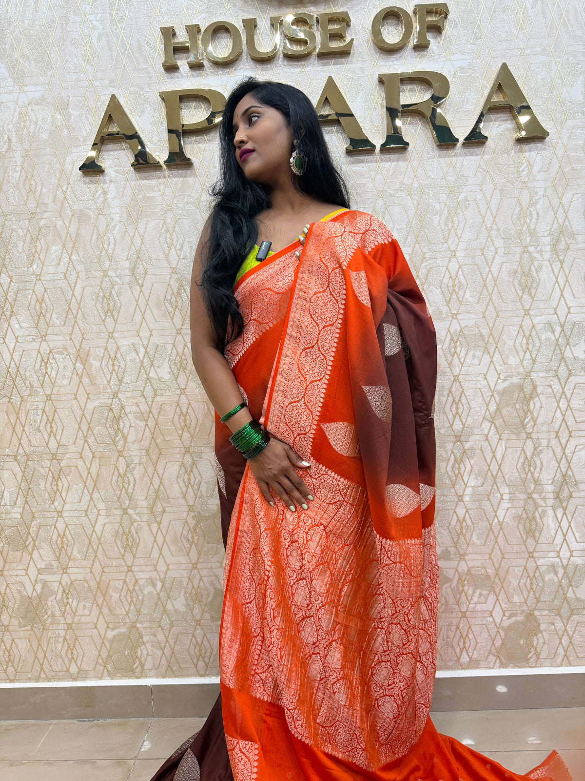 Brown n Orange Khadi Georgette Saree 26