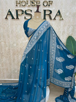 Peacock Blue Banarasi Silk Saree With Silvar Zari Semi Chiffon