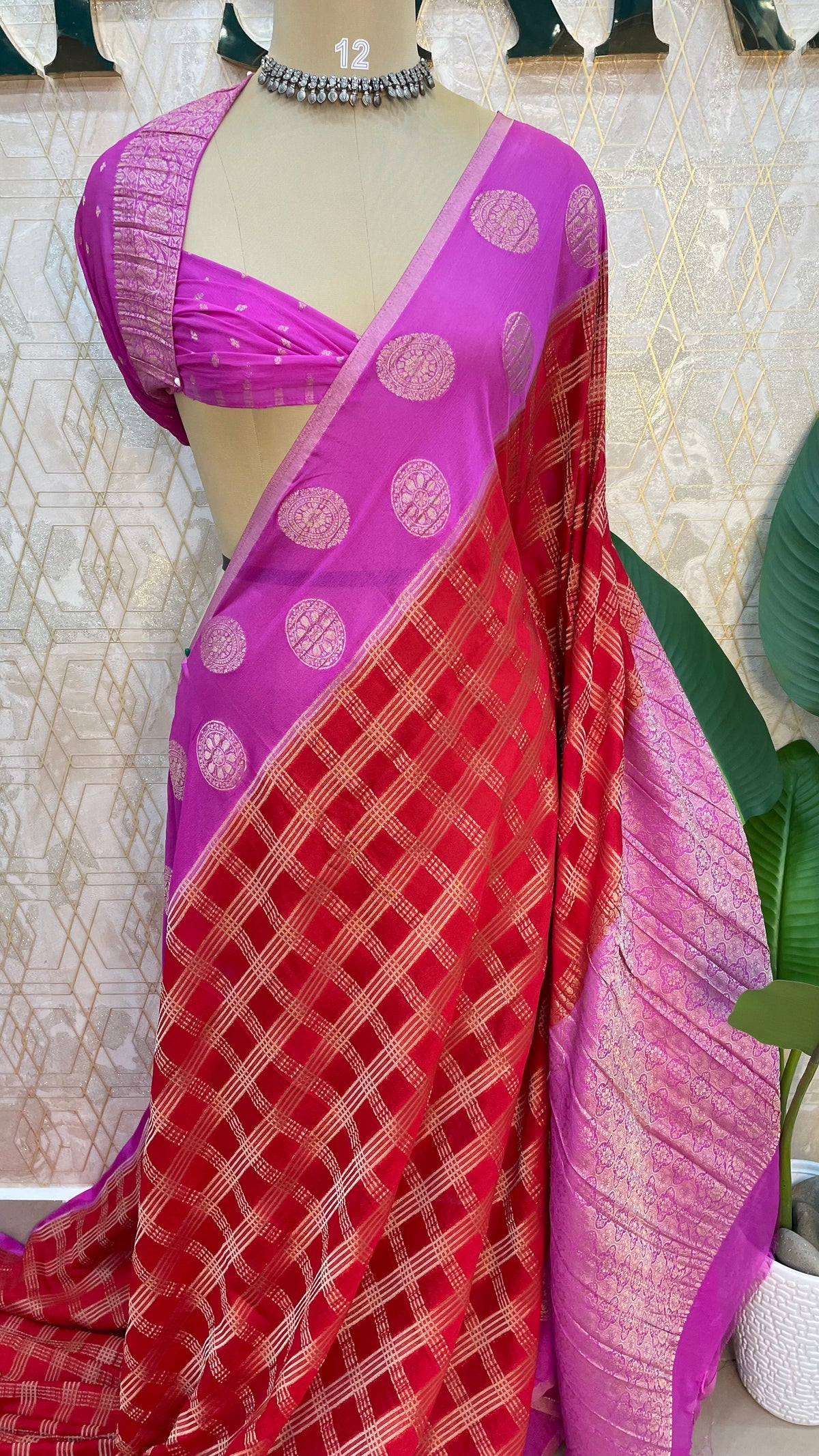 Red n Pink Banarasi Chiffon Saree 97