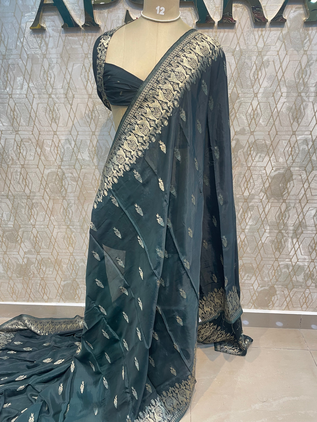 Bottle Green Chiniya Crepe Saree 66