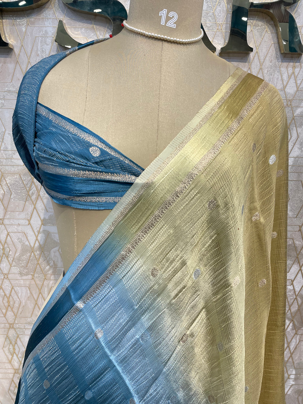 Blue n Gold Wrinkle Chiffon Dual Shade Saree 65