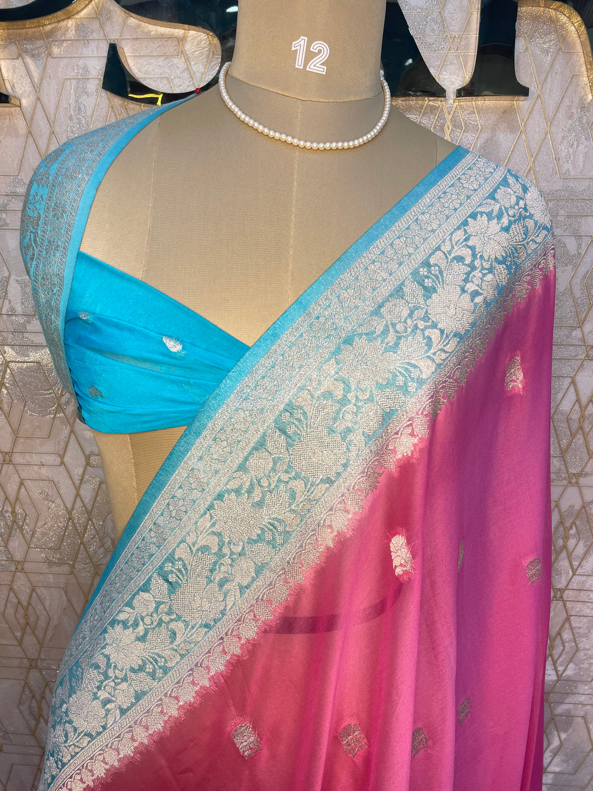 Pink n Sky Blue With Silver Zari Semi Chiffon