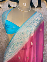 Pink n Sky Blue With Silver Zari Semi Chiffon