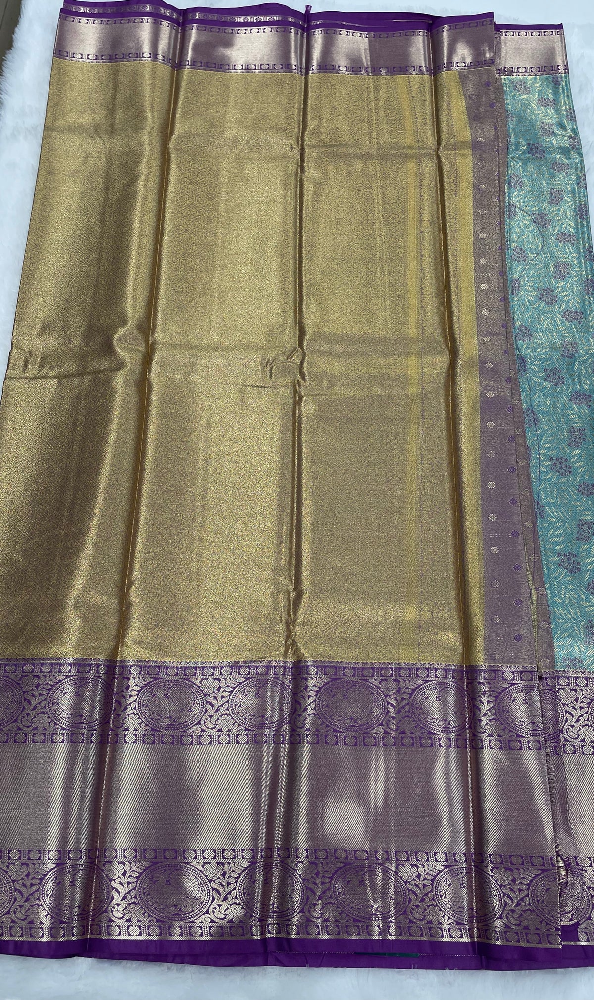 Blue n Purple Brocade Semi Kanchi Tissue Saree