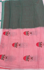 Sea Green n White Lenin Cotton Floral Print Saree 19