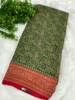 Green n Red Pure Khadi Banarasi Crepe Saree 06