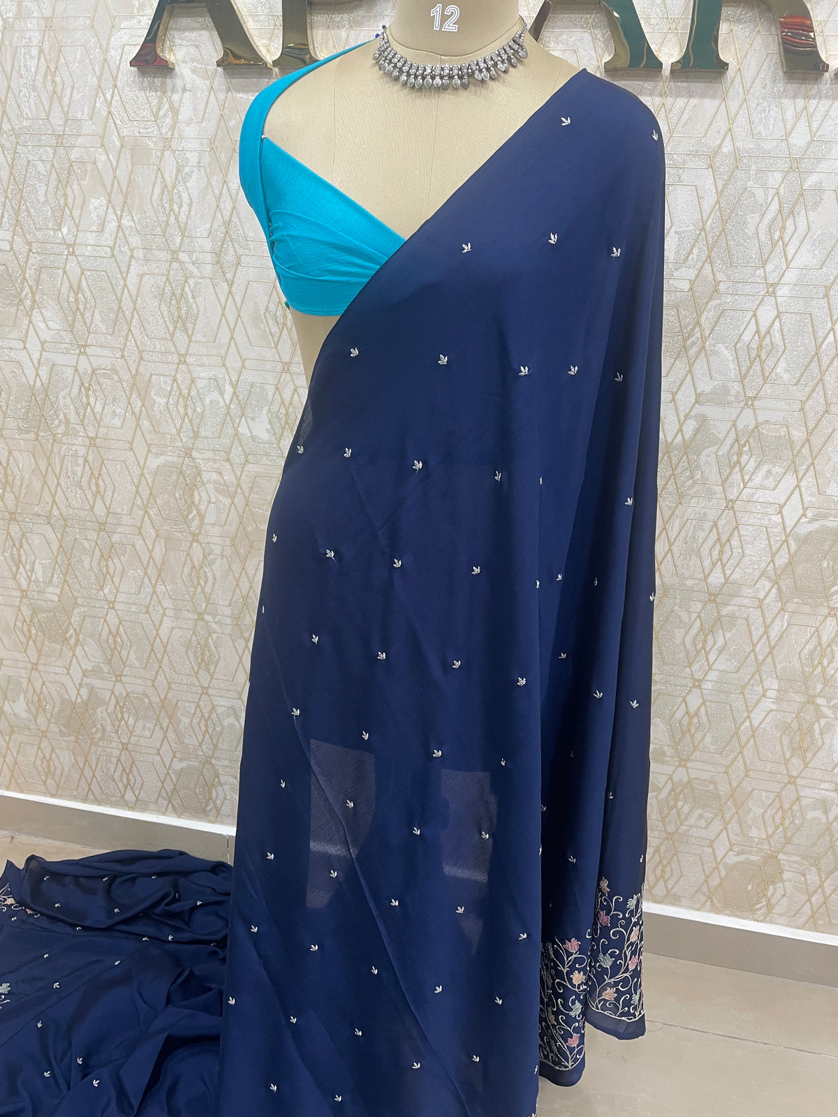 Navy Blue Chinon Zari Embroidery Saree 44