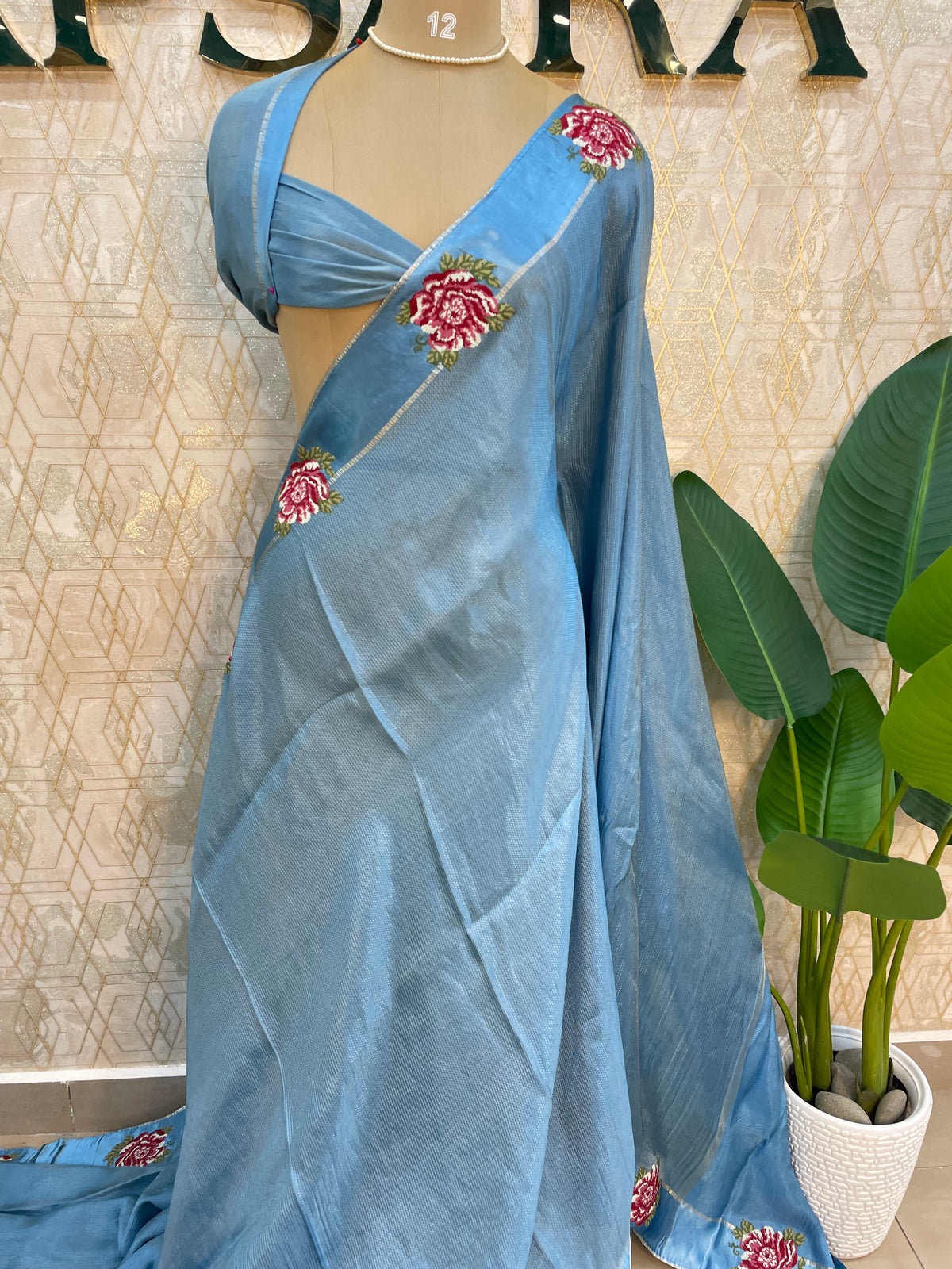 Blue Satin Silk Petite Point Embroidery Saree 305
