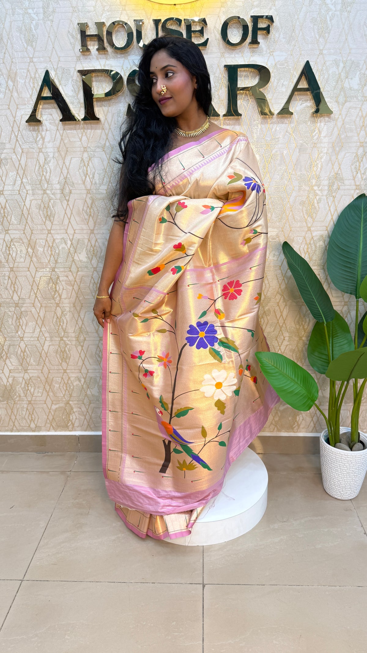 Gold n Baby Pink Paithani Tissue Saree 100