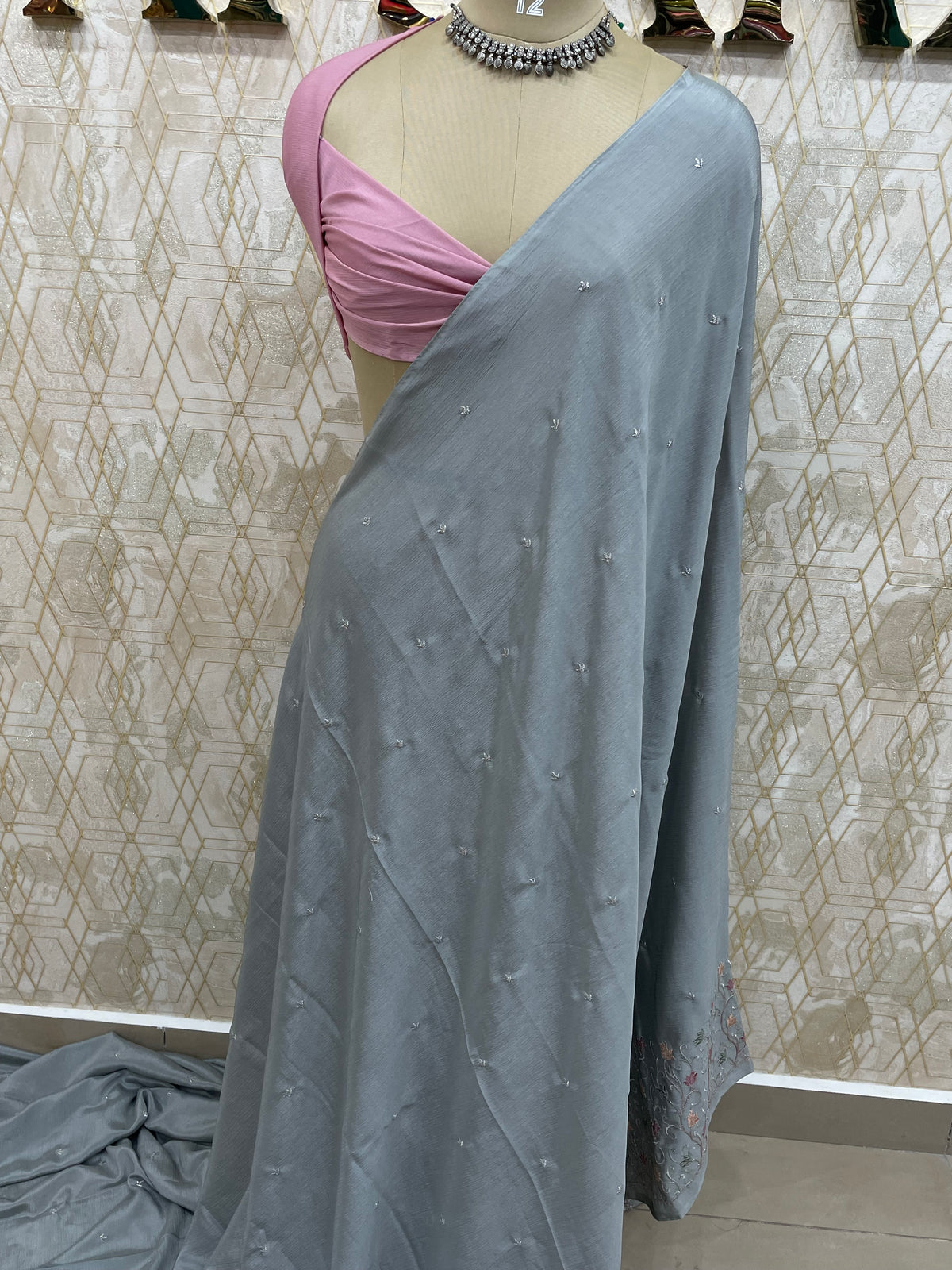 Grey Chinon Zari Embroidery Saree 44