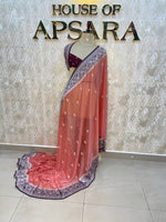 Peach n Maroon With Silver Zari Semi Chiffon