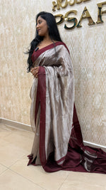Metallic Silver n Maroon Pure Tissue Organza Saree 11