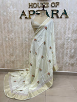 White Chiniya Crepe Katha Work Saree 29