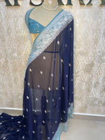 Navy Blue n Sky Blue With Silver Zari Semi Chiffon