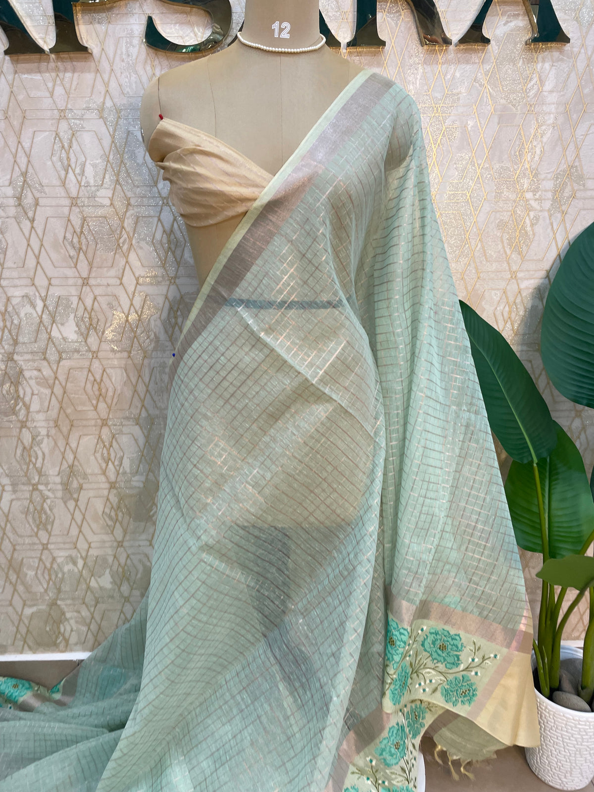 Sea Green Cotton Tussur Petite Point Embroidery Saree 209