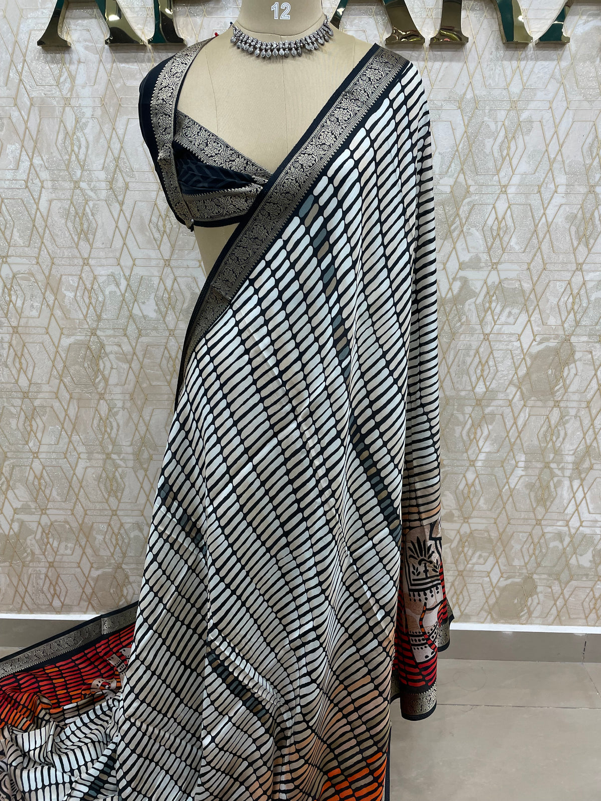 White n Black Soft Crepe Digital Print Saree 48