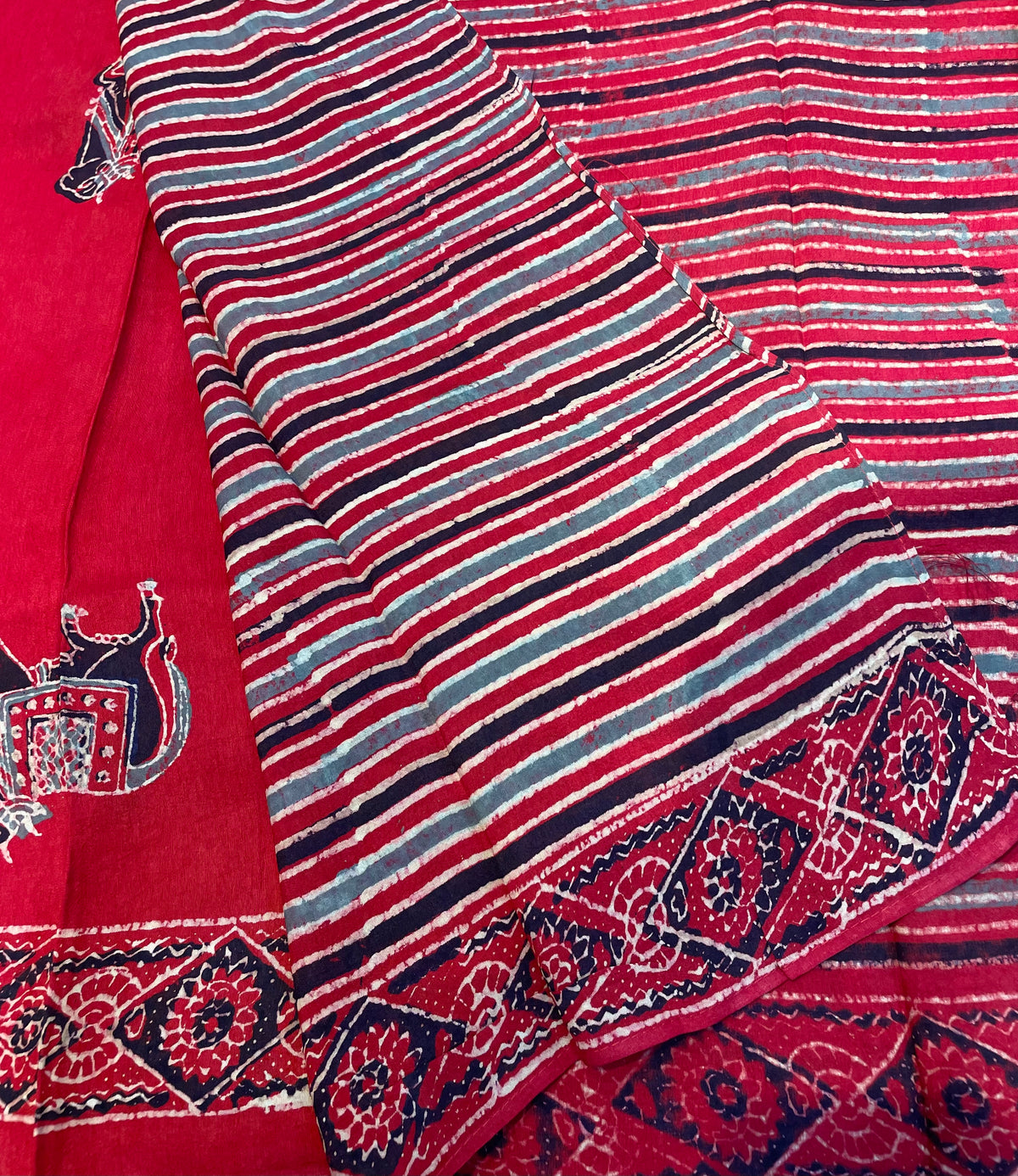Red Dola Silk Ajrakh Print Saree 18