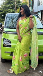 Green Lenin Cotton Floral Print Saree 19