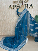 Peacock Blue Banarasi Silk Saree With Silvar Zari Semi Chiffon
