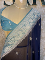 Navy Blue n Sky Blue With Silver Zari Semi Chiffon