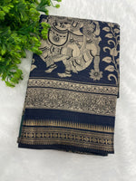 Navy Blue n Peacock Green Pure Mangalgiri Cotton Silk Saree 13