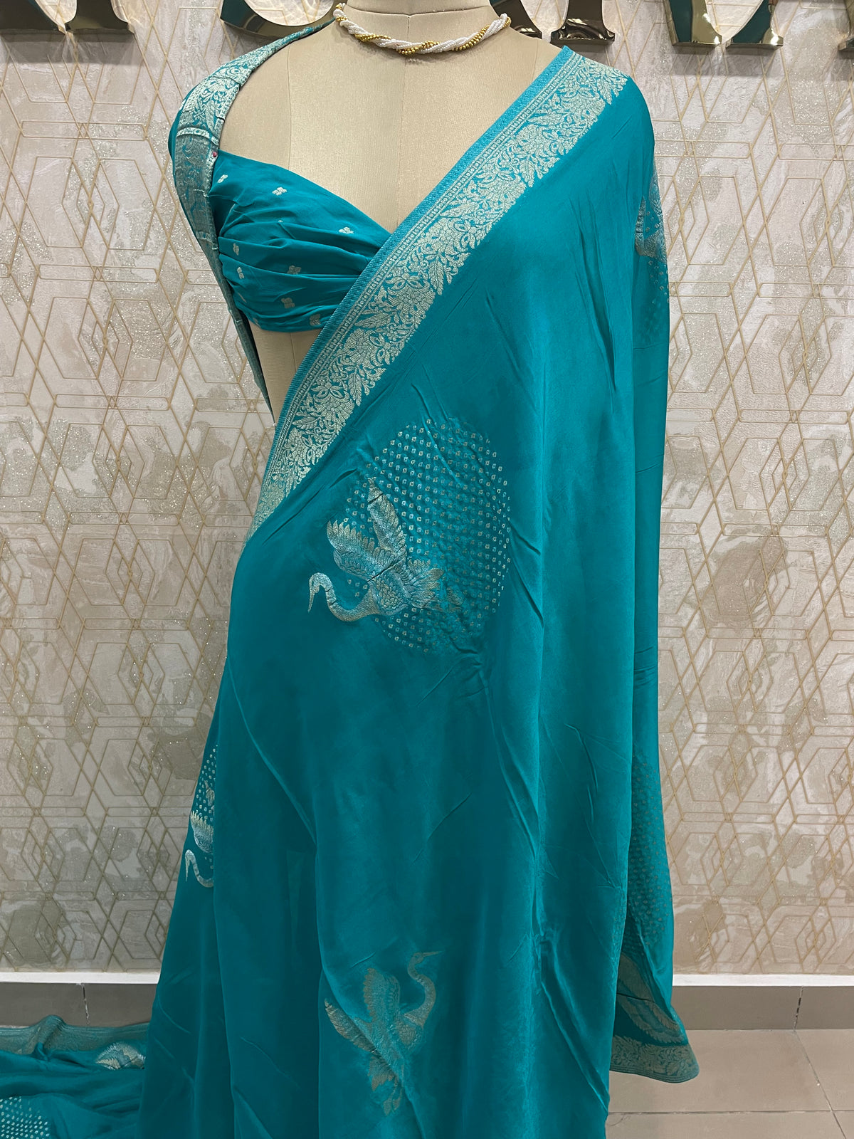 Rama Blue Chinnon Crepe Flamingo Saree