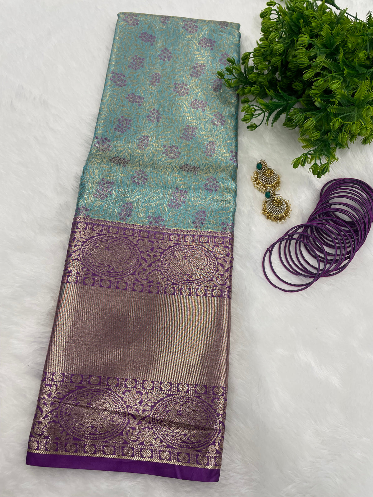Blue n Purple Brocade Semi Kanchi Tissue Saree
