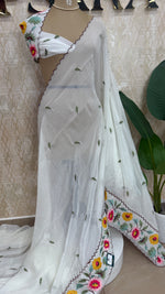 White Soft Crush Tissue Sunflower Embroidery Work Saree 301