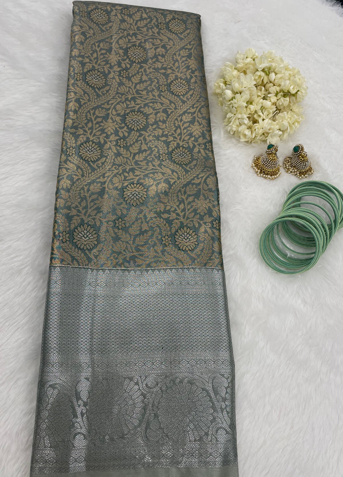 Gold n Bluish Grey Brocade Semi Kanchi Tissue Saree