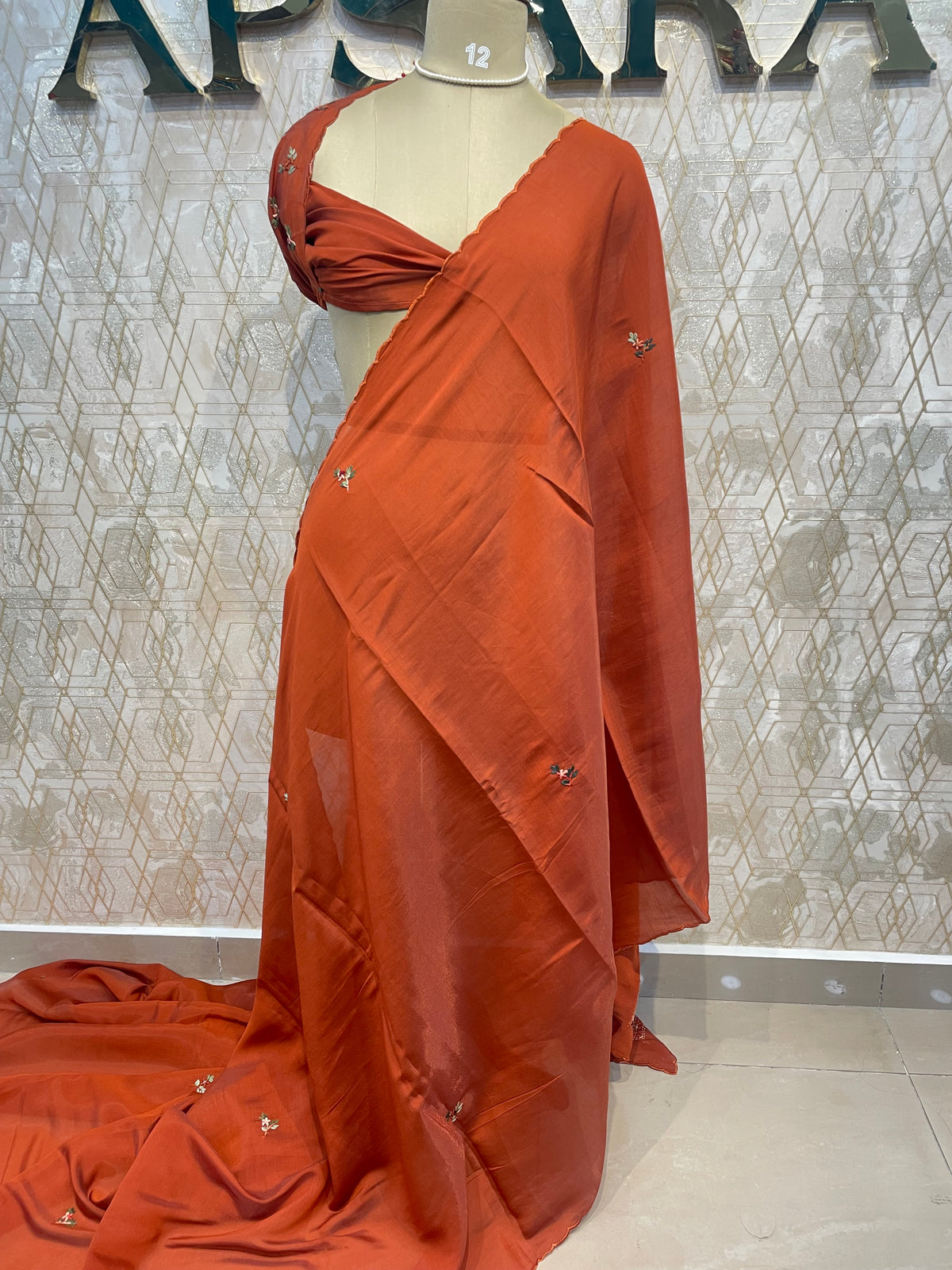 Orange Thread Embroidery Work Mul Chanderi Silk Saree 63