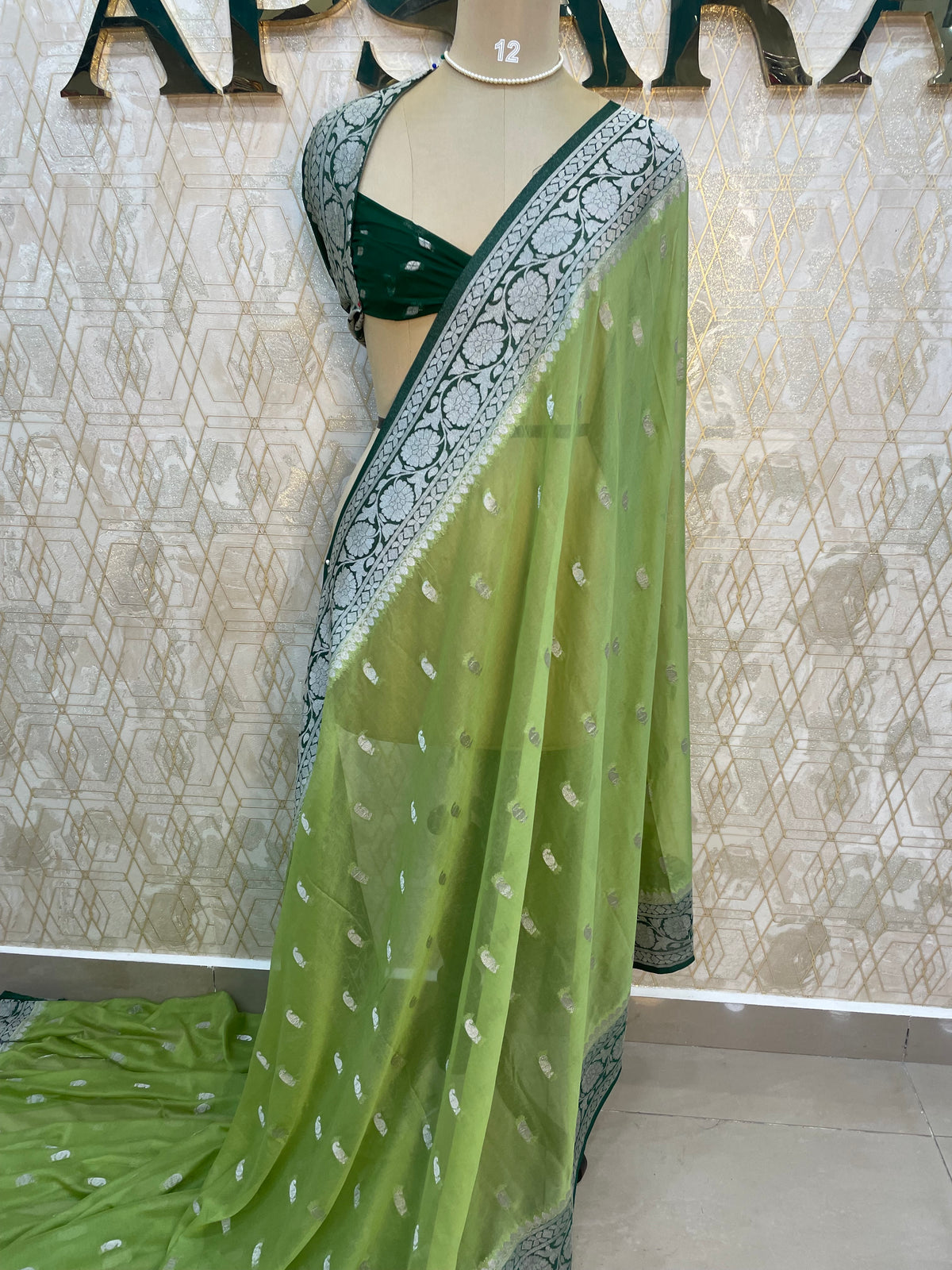 Pista Green With Silver Zari Semi Chiffon