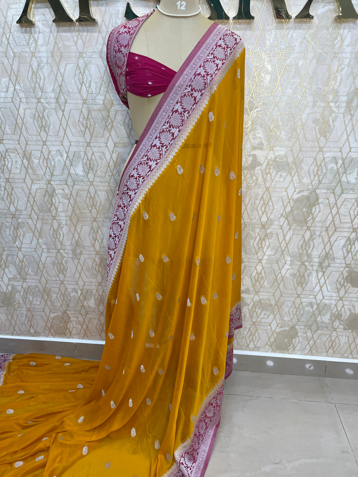 Yellow With Silver Zari Semi Chiffon
