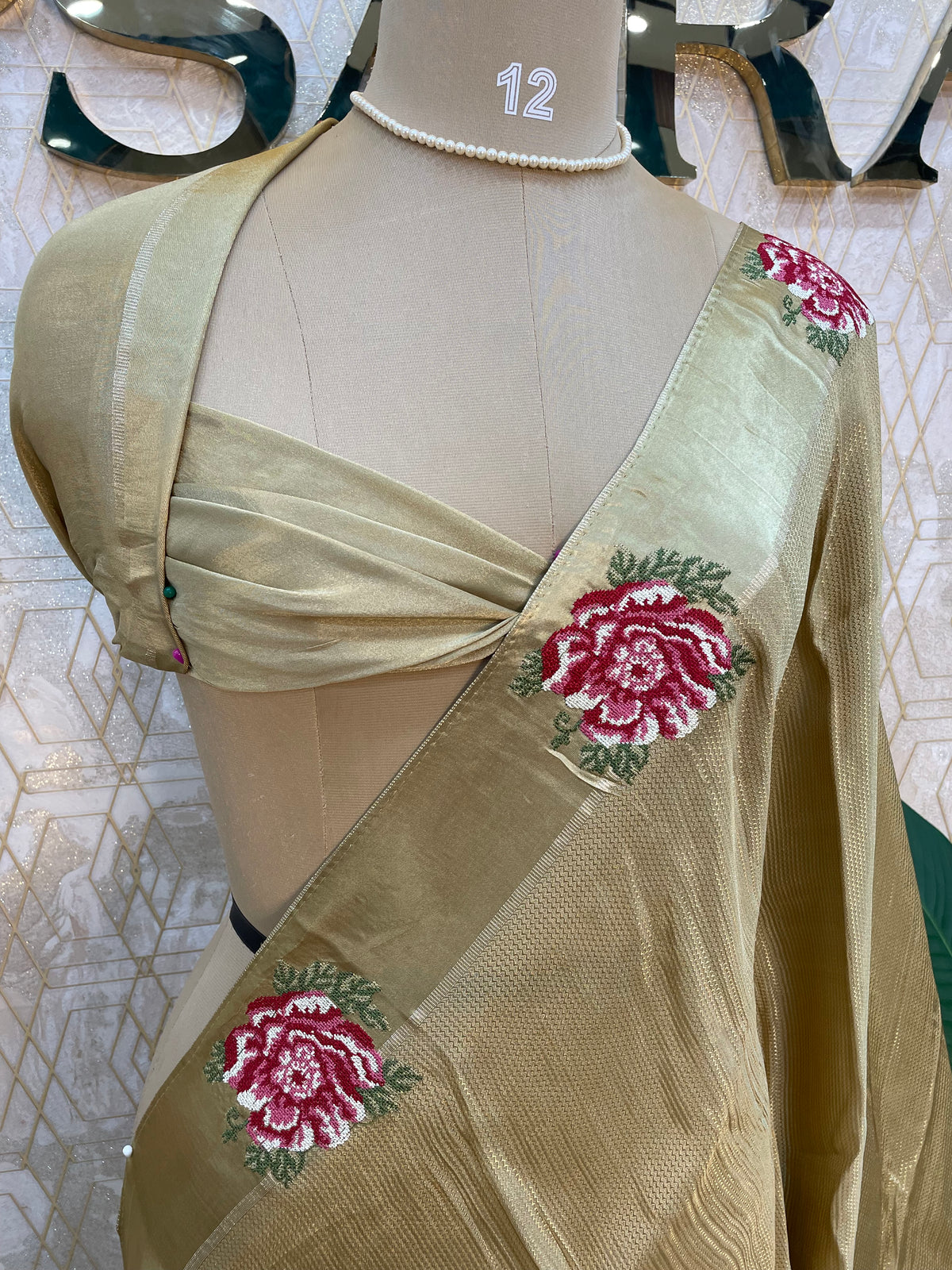 Beige Gold Satin Silk Petite Point Embroidery Saree 305