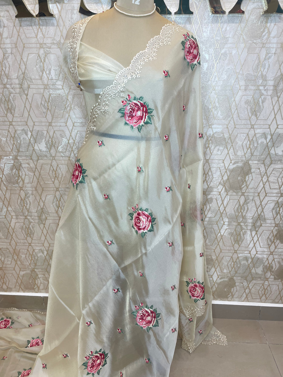 Cream Soft Organza CutWork With Embroidery Saree 40