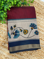 Maroon n Navy Blue Mangalgiri Cotton Silk Saree 13