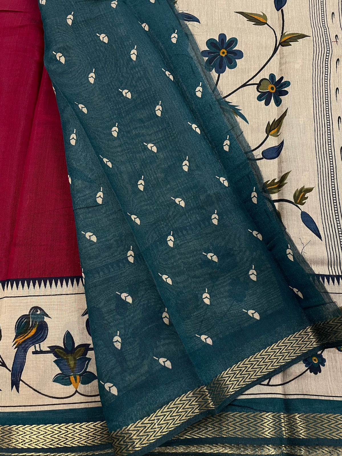Red n Bottle Green Mangalgiri Cotton Silk Saree 13