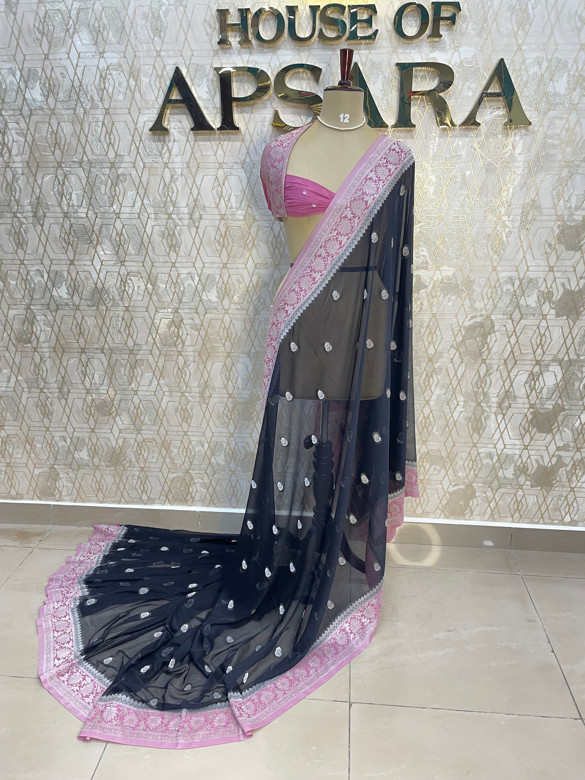 Black With Silver Zari Semi Chiffon