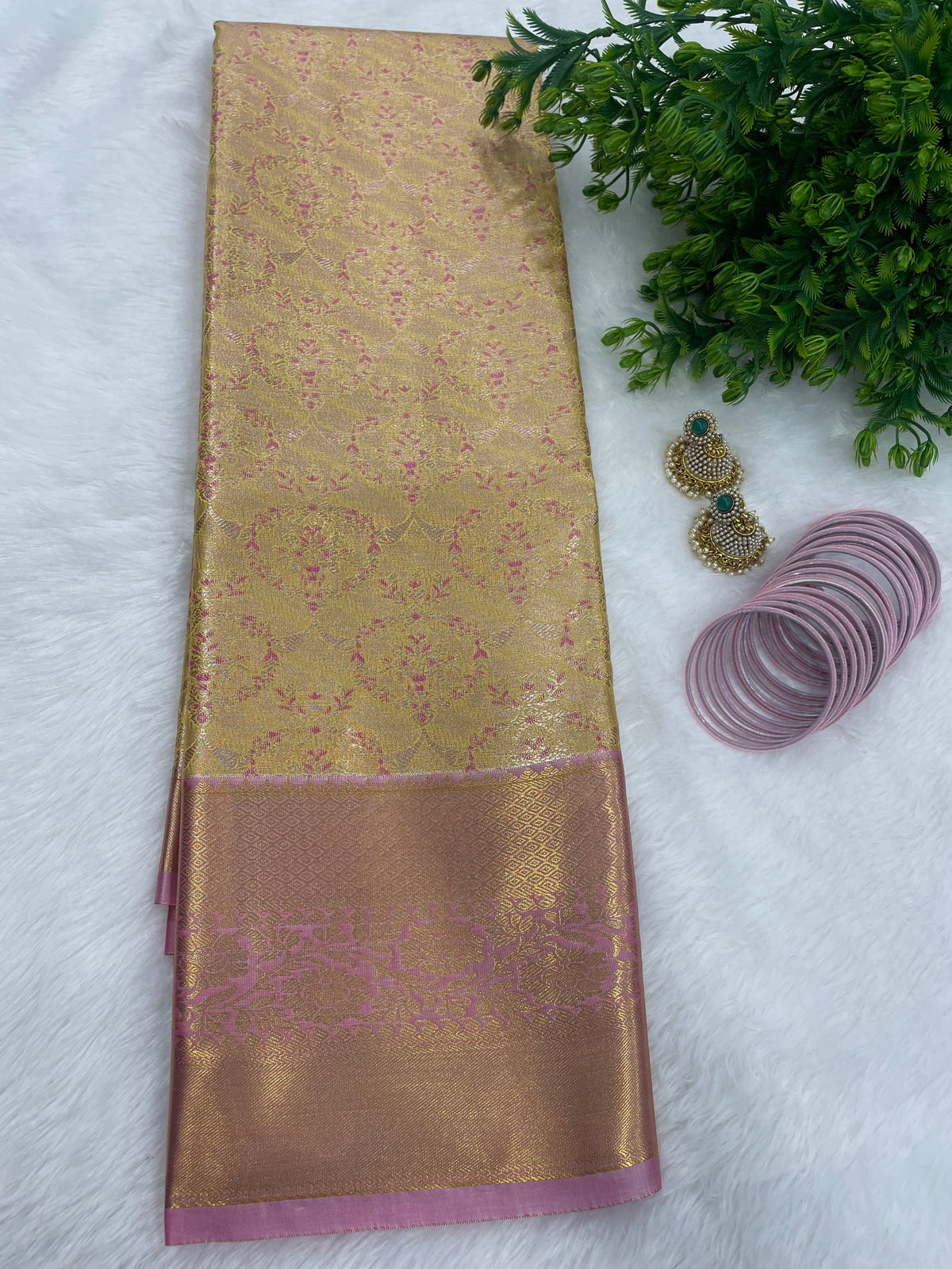 Gold n Pink Brocade Semi Kanchi Tissue Saree
