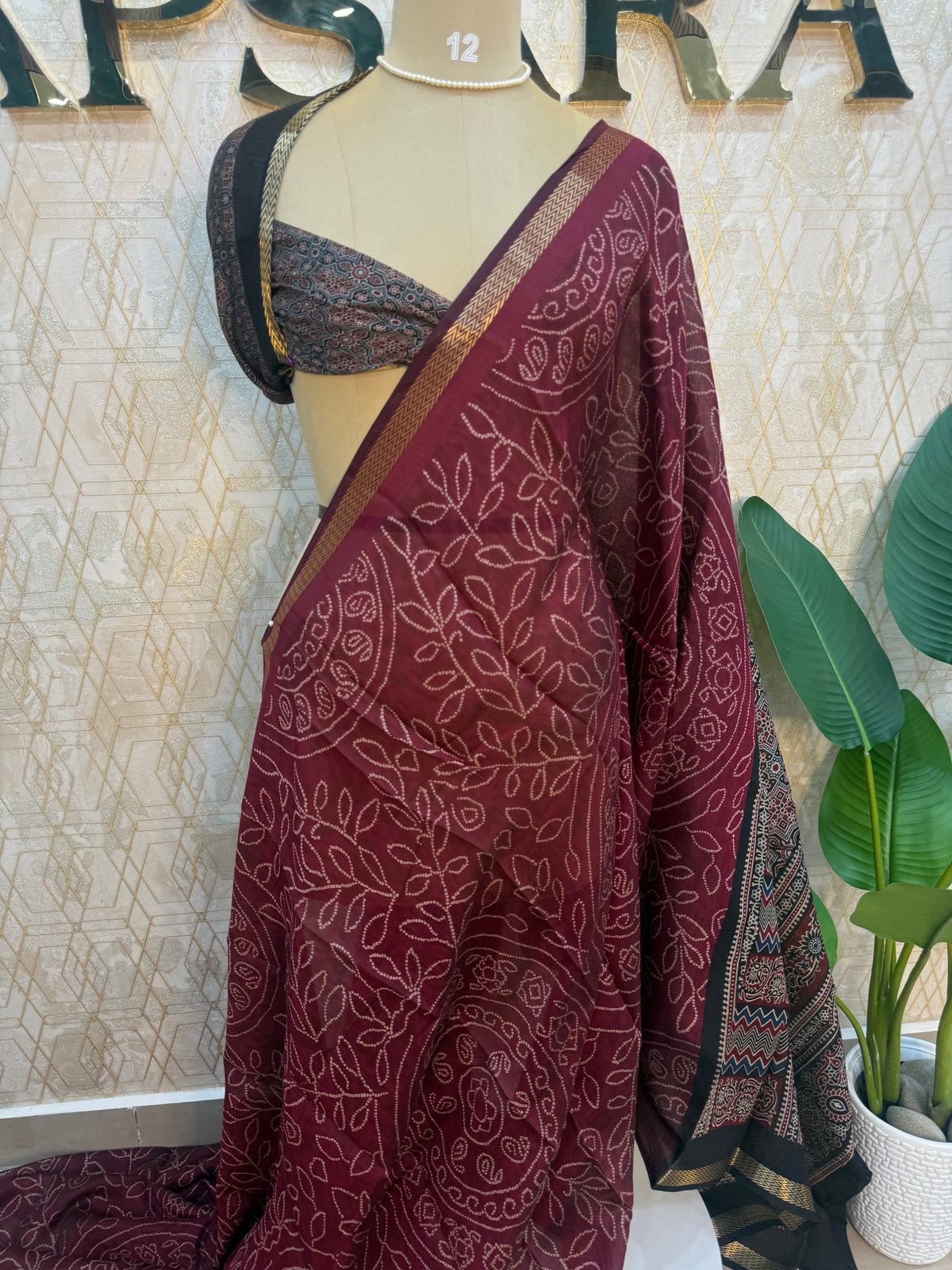 Maroon n Black Bandhini Print Mangalgiri Cotton Silk Saree 13